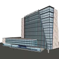 Modern Office Building Exterior With Glass Curtain Wall Vertical Stripes And Stone Accents