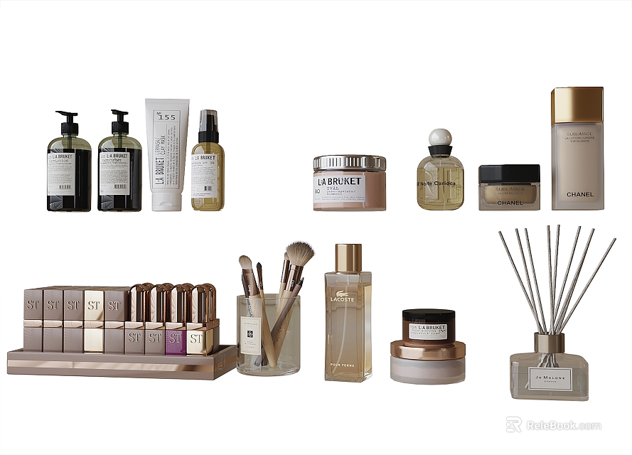 Perfume And Cosmetics Collection With Bottles Jars Makeup Brushes And Reed Diffusers 3d model 