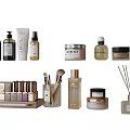 Perfume And Cosmetics Collection With Bottles Jars Makeup Brushes And Reed Diffusers