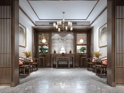 Traditional Chinese Religious Worship Space With Wooden Altar Buddha Statue And Hanging Lantern 3d model