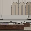 Light Beige Three Seater Sofa with Cushions Against Arched Rattan Wall and Wooden Coffee Table
