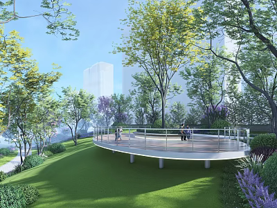 Scenic Park Landscape With Green Lawn Lush Trees Circular Viewing Platform And Railings 3d model