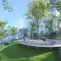 Scenic Park Landscape With Green Lawn Lush Trees Circular Viewing Platform And Railings
