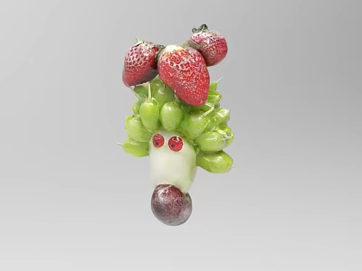 Artistic Fruit Vegetable Sculpture Featuring Strawberries Green Grapes And Red Eyes 3d model