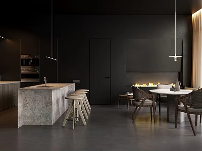 Modern Restaurant With Black Walls Open Kitchen Bar Counter Bar Stools Dining Set And Fireplace 3d model