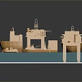 Detailed Golden Ship And Offshore Platform Models On Blue Display Base