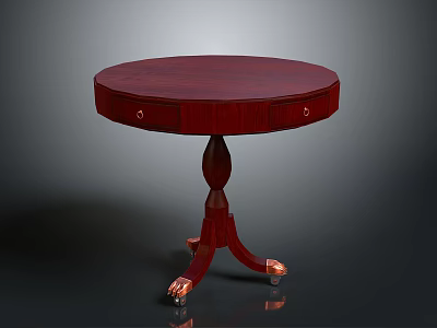 Dark Red Round Wooden Table With Drawers Spiral Pedestal Leg And Brass Wheeled Feet 3d model