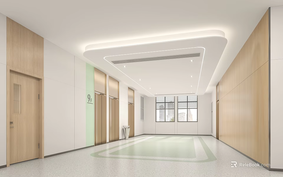 Modern Service Hall Interior With Wooden Walls Lighting And Elevators 3d model 