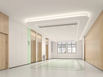 Modern Service Hall Interior With Wooden Walls Lighting And Elevators 3d model