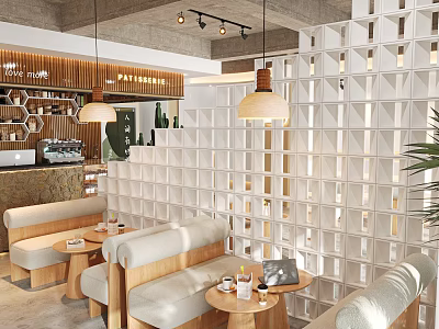 Bubble Tea Shop Modern Interior With White Lattice Partition Hanging Pendant Lights And Cozy Seating 3d model