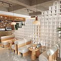 Bubble Tea Shop Modern Interior With White Lattice Partition Hanging Pendant Lights And Cozy Seating