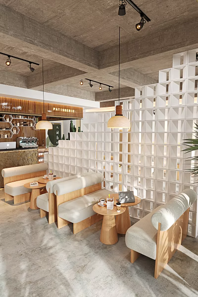 Bubble Tea Shop Modern Interior With White Lattice Partition Hanging Pendant Lights And Cozy Seating 3d model