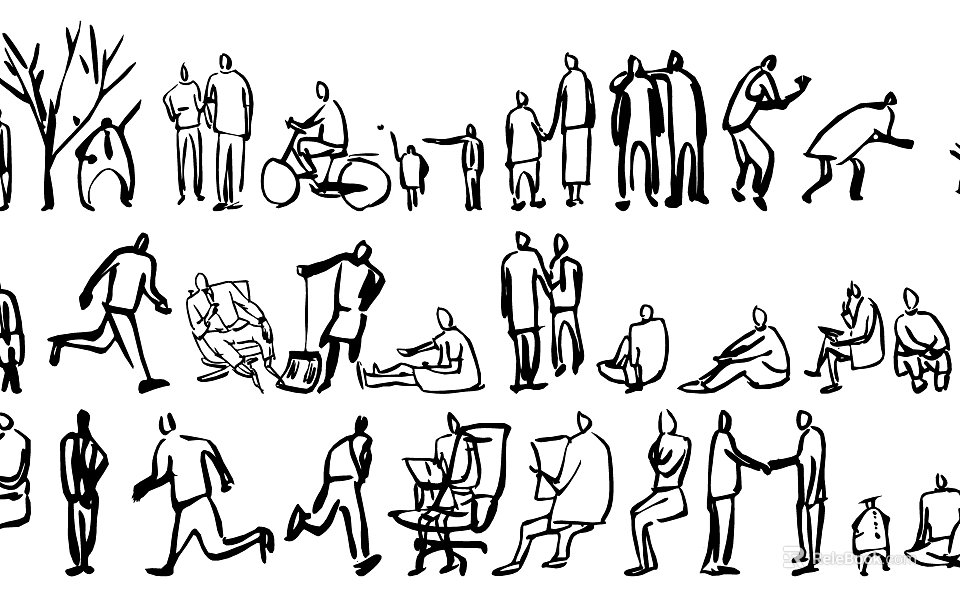 Black and White Simple Line Art People Silhouettes With Various Poses And Activities 3d model 