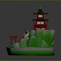 Cartoon Scene With Red Pagoda Green Roof Golden Spire Green Rock Stairs And Red Lantern