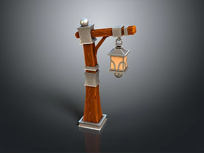 Vintage Street Lamp With Wooden Pole Metal Accents And Hanging Lantern 3d model