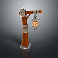 Vintage Street Lamp With Wooden Pole Metal Accents And Hanging Lantern