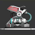 Futuristic Mechanical Robot Game and Movie Character with Glowing Red Blue Accents and Circular Base