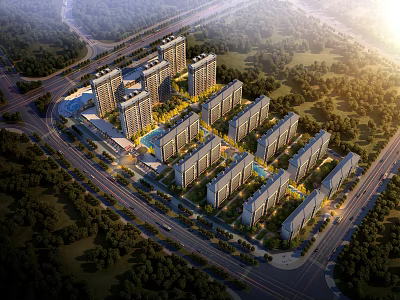 Aerial Planning of Modern Residential Complex with High Rise Buildings Greenery and Roads 3d model