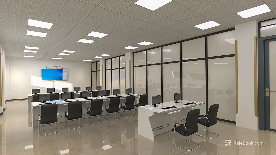 Modern Conference Room Interior With Large Windows Long Table Computers Chairs And TV Screen 3d model 