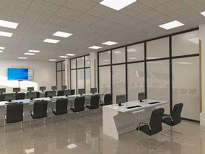 Modern Conference Room Interior With Large Windows Long Table Computers Chairs And TV Screen 3d model
