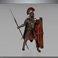 Traditional Roman Soldier in Shiny Metallic Armor Wearing Red Plumed Helmet Holding Spear and Shield