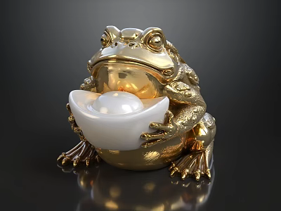 Decorative Ornament Set Featuring Golden Frog Holding White Ingot With Pearl 3d model