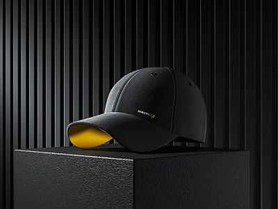 Black Cap With Yellow Brim Placed On Black Cube Against Black Wall With Vertical Stripes 3d model