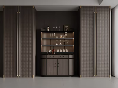 Modern Dark Wood Sideboard With Glass Shelves Metal Accents And Tall Cabinets 3d model