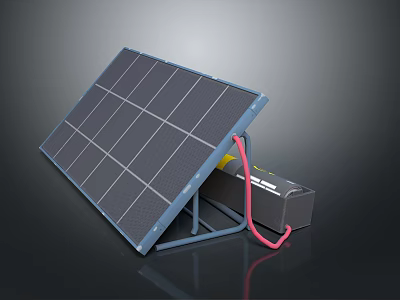 Solar Panel with Rechargeable Battery and Red Connecting Cable Setup 3d model