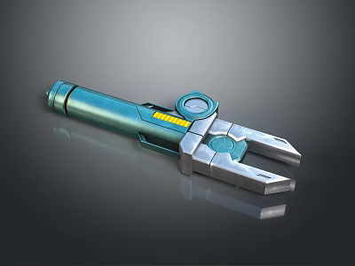 Sci Fi Weapon With Teal Metallic Body Yellow Stripe Circular Dial And Silver Mechanical Tip 3d model
