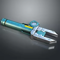 Sci Fi Weapon With Teal Metallic Body Yellow Stripe Circular Dial And Silver Mechanical Tip