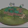 Traditional Church Building With Red Brick Walls Green Roofs And Tower On Circular Grass Base