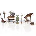Vintage Furniture Display With Small Table Lamp Ceramic Vase And Wooden Easel