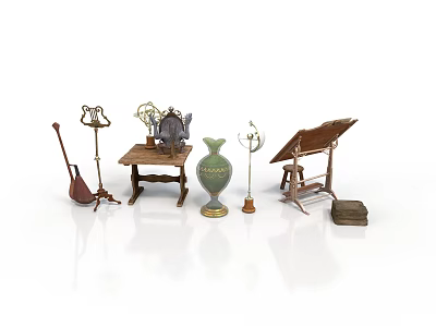 Vintage Furniture Display With Small Table Lamp Ceramic Vase And Wooden Easel 3d model