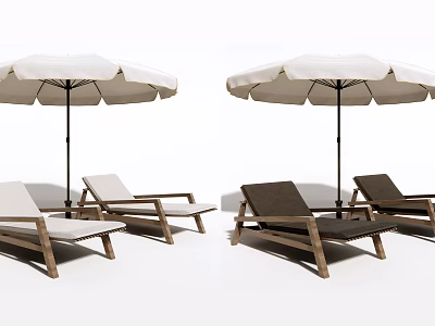 Outdoor Wooden Lounge Chairs In White And Dark Brown With Umbrellas For Garden Use 3d model