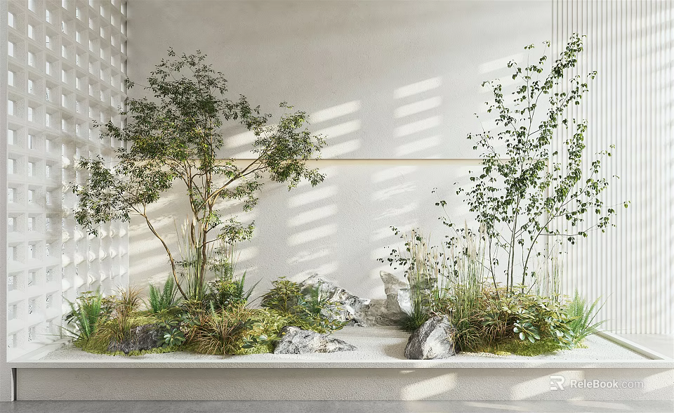 Indoor Garden Decoration With Diverse Plants Stones And Light Shadows Through Perforated Wall 3d model 