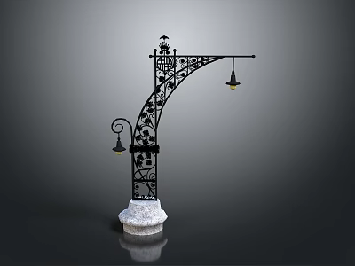 Ornate Wrought Iron Street Lamp With White Stone Base And Decorative Patterns 3d model