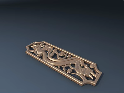 Long Rectangular Golden Carving Panel With Intricate Dragon And Floral Patterns 3d model