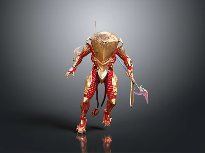Mechanical Sci Fi Creature With Golden Head Red Armor And Sharp Weapon 3d model