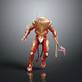 Mechanical Sci Fi Creature With Golden Head Red Armor And Sharp Weapon