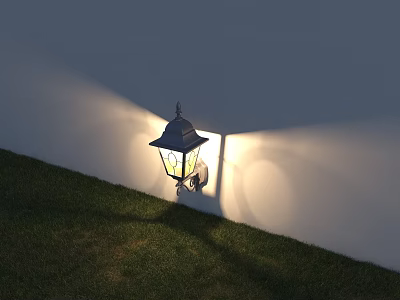 Outdoor Wall Light Illuminated At Night With Green Grass And Shadow On White Wall 3d model
