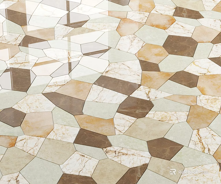 Multicolor Hexagonal Floor Tiles With Marble Texture Modern Decorative Patterned Layout 3d model 