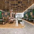 Elegant Modern Cafe Interior With Open Layout Wooden Ceiling Green Plants And Pendant Lights