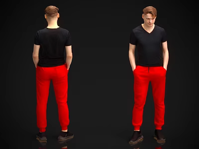 Man Wearing Black T shirt and Red Pants Front and Back View on Black Background 3d model