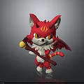 Cute Cartoon Red Horned Winged Cat Creature With Striped Tail Holding Staff With Yellow Ball