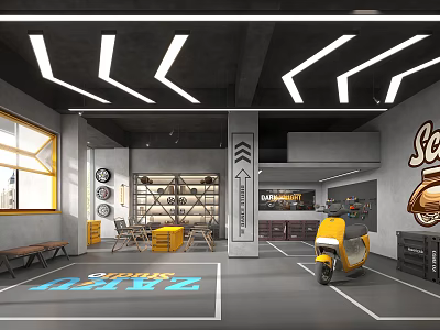 Modern 4S Store Interior Design With Strip Lighting Display Shelves Yellow Seats And Yellow Scooter 3d model