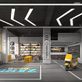 Modern 4S Store Interior Design With Strip Lighting Display Shelves Yellow Seats And Yellow Scooter