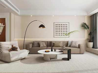 Modern Living Dining Room Interior With Beige Sofa Armchair Round Coffee Table And Decorative Painting 3d model