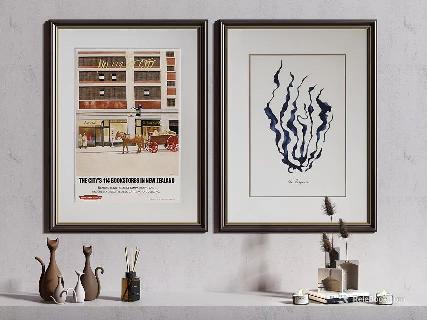 Vintage Poster And Abstract Painting Framed Wall Art With Shelf Vases And Decorative Items 3d model 