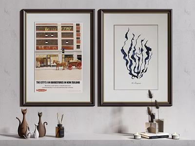 Vintage Poster And Abstract Painting Framed Wall Art With Shelf Vases And Decorative Items 3d model